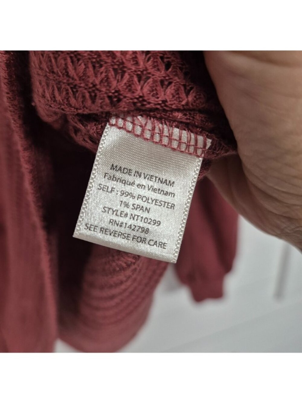 Waffle Knit Burgundy Hoodie With Button Detail & Front Pocket Long Balloon Sleev - Picture 8 of 9